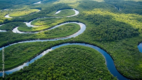 Serpentine river winds through dense forest