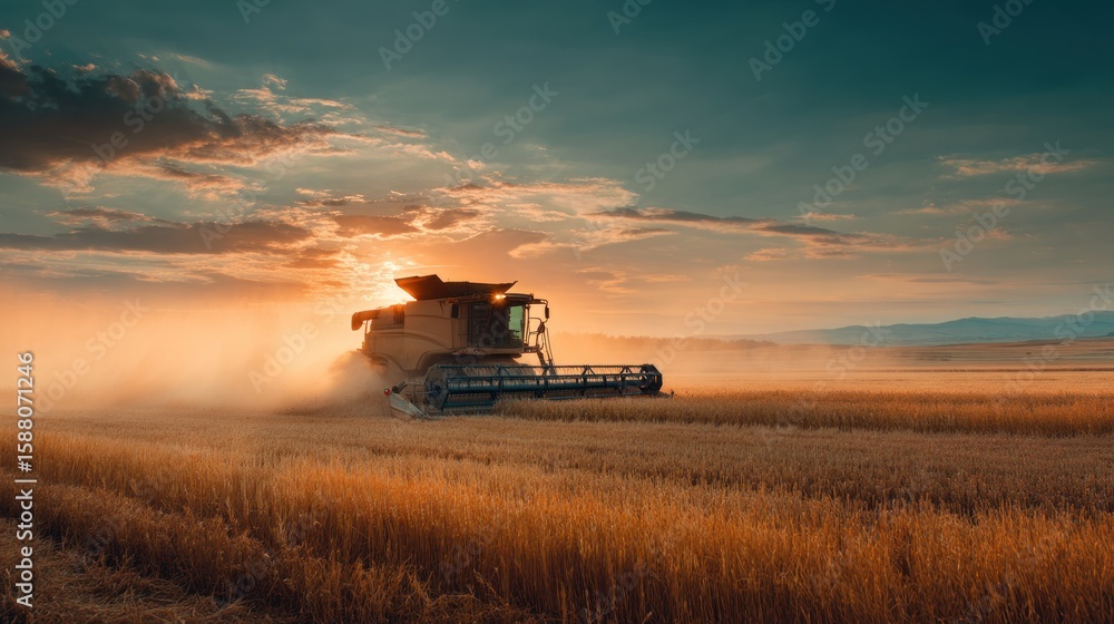 Fototapeta premium Golden wheat field, harvester at sunset