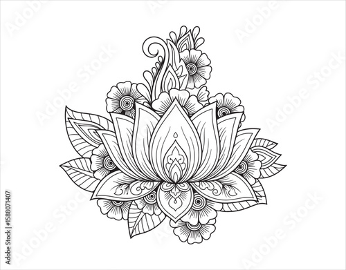 Lotus flower mehndi design for henna art and tattoos. Ethnic oriental decoration, Indian style. Doodle ornament. Hand-drawn outline vector illustration.


