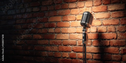 Comedy Poster. Stand up comedy stage with microphone on brick wall background for open mic monologue banner