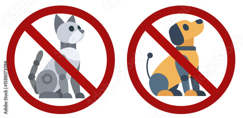 Vector collection of prohibition signs with robots dog and cat. Collection of forbidden stickers with cybernetic animals. Do not touch or pet robots