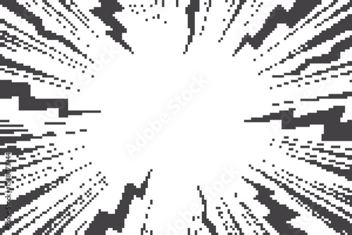 Comic background with lightning burst effect. Vector pixel manga graphic with flash and abstract thunder. Radial perspective monochrome beams. Energy explosion frame with electric light.