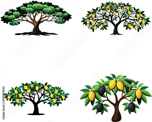 Vector art of illustrations of fruit trees bearing lemons and other fruits, representing the bounty of natures harvest