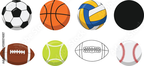 Various sports balls are pictured like soccer, basketball, and baseball balls