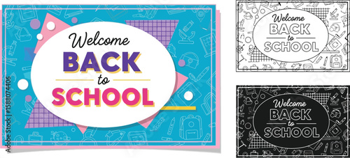 Cheerful welcome back to school design features colorful backgrounds and school related illustrations.