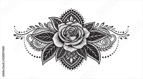 Mehndi design with a lotus flower for henna tattoos and drawings. Ethnic oriental decoration in Indian style. Doodle ornament. Hand-drawn vector illustration outline.