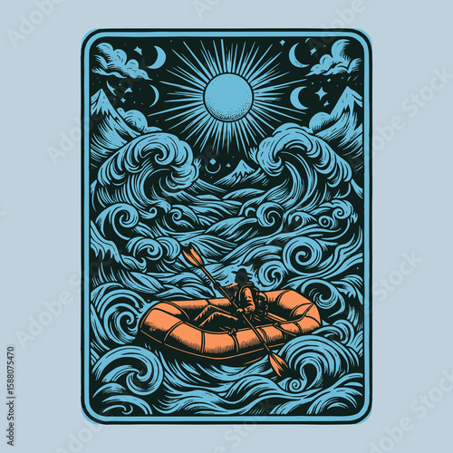card design showing sailor on ship near the sea horizon