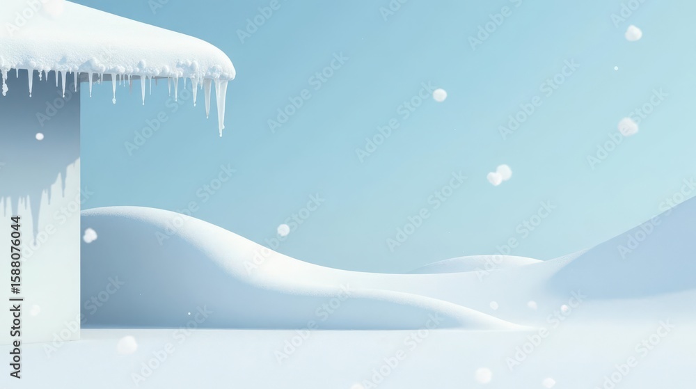 Fototapeta premium Serene Winter Scene Snow-Covered Roof with Icicles and Gently Undulating Snowdrifts Under a Pale Blue Sky