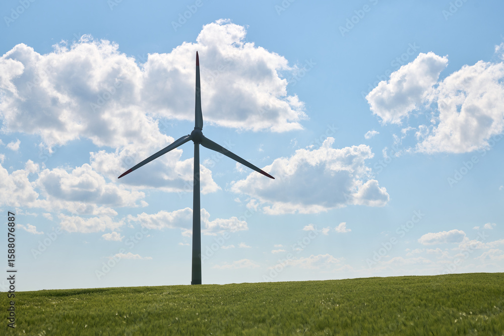 Fototapeta premium Wind turbine stands tall in lush green wheat field beneath bright blue sky with fluffy white clouds scattered above