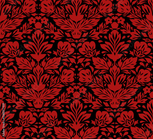 Vector gothic decorative pattern with red flower arrangement on black background. Seamless vintage texture with tracery stylized flowers for wallpaper, fabric and wrapping