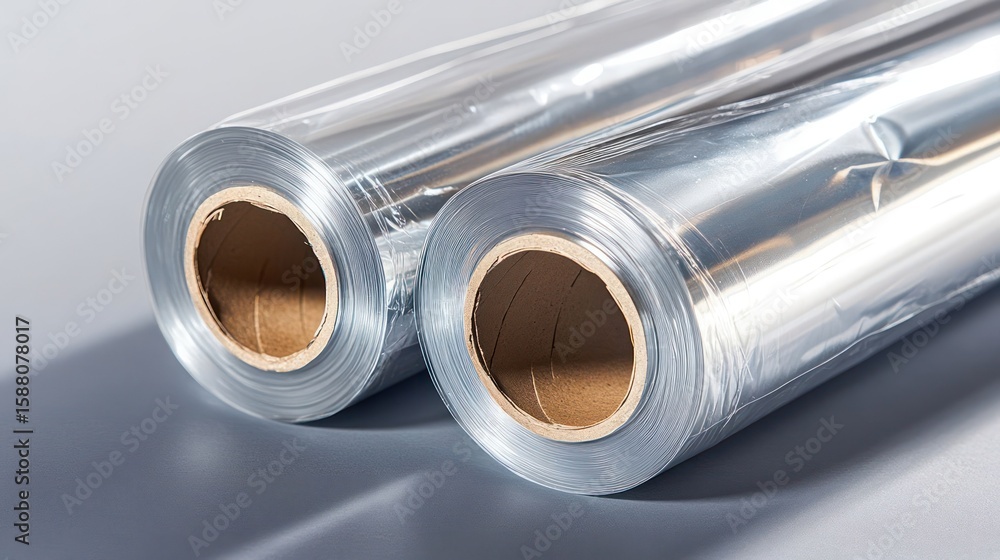 Fototapeta premium Twin rolls of shimmering foil on a neutral surface, reflecting light in a captivating display of textures and metallic reflections with a muted background
