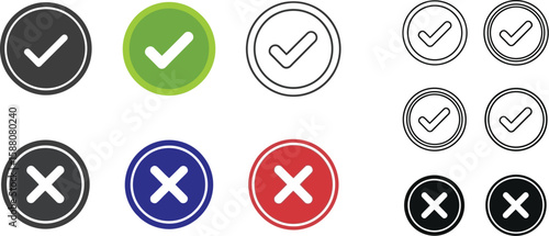 Check mark and cross vector icon set represents validation and invalidation process