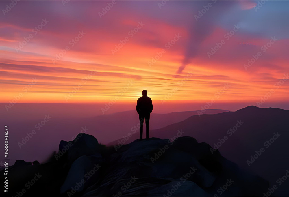 Obraz premium the silhouette of a person standing on the top of a mountain and watching the beautiful sunset; representing a new beginning/success/mindfulness