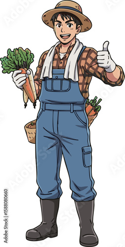 若手農業従事者 アニメスタイル イラスト - 地域を活性化する農家の男性