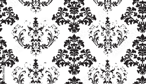 Seamless vintage damask floral pattern with black Victorian ornamental design