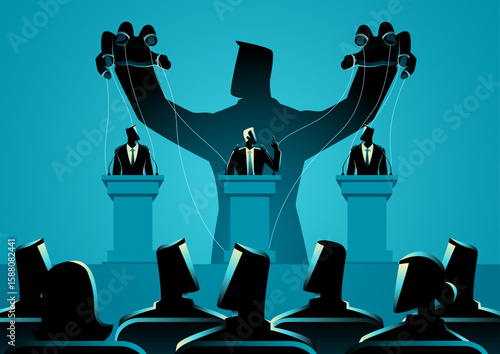 Political Manipulation Concept. Puppet master controlling politicians and public, shadow government concept.