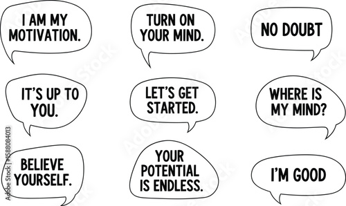 Speech bubbles showcase inspirational messages, positive affirmations, and mental clarity thoughts