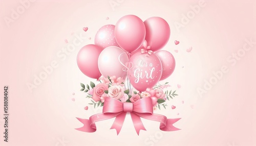 pink balloons with a BABY IT’S A GIRL ribbon Floral accents pa