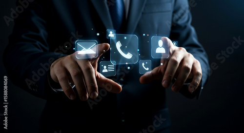 Businessman using digital interface for communication contact us and customer service concept