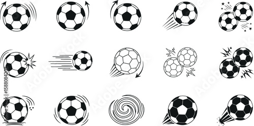 Multiple soccer ball icons displaying movement and action in black and white for athletic themes