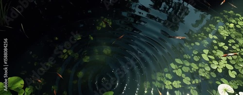 Serene water lily pond with lush green leaves. Dark water ripple in abstract night scene, water ripple in mysterious pond, water ripple under soft lighting