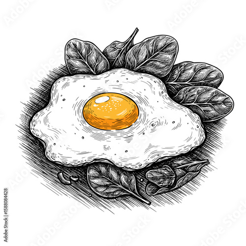Egg with spinach illustrated in black and white sketch style  
