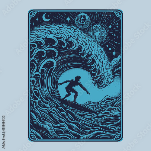vintage vector composition with surfing wave graphic