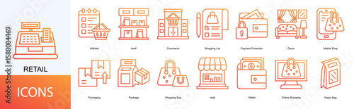 retail icon collection set. Containing Wishlist, shelf, Commerce, Shopping List, Payment Protection, Decor icon