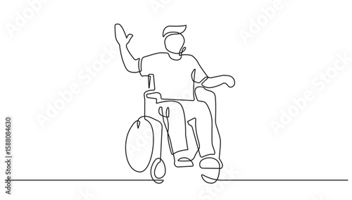 Male in Wheelchair Continuous One Line Vector Drawing.  Disabled Person Silhouette in Simple Minimal Outline Style. Editable Stroke. Helping People with Disabilities Hand Drawn Sketch Illustration