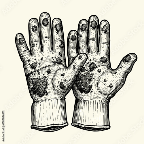 Dirty gloves with dirt on a beige background  