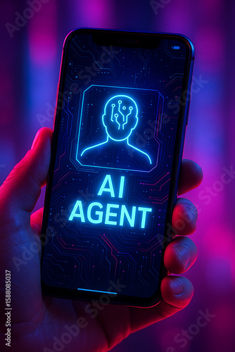Hand Holding Smartphone with Glowing AI Agent Icon in a Futuristic Setting