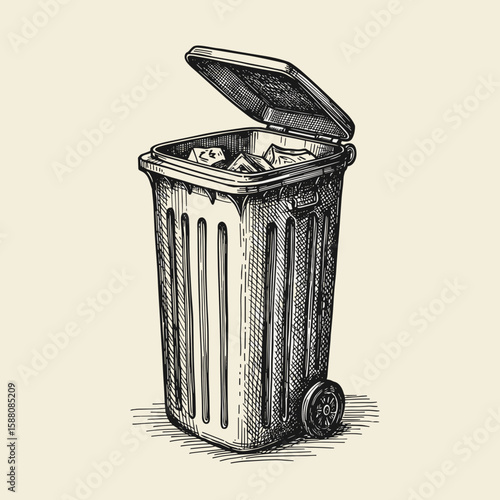 Open trash bin with lid lifted and filled with waste materials  