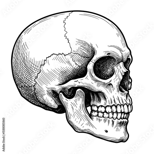 Skull side view in detailed illustration style with etched lines  