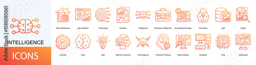 intelligence icon collection set. Containing Data Warehouse, data analytics, Technology, analytics, Business Intelligence icon