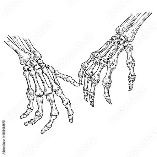 Skeletal hands with claws, black and white ink sketch. Vector illustration. Classic Halloween decor - bones, skeletons and witches, isolated on a white background. For invitations, postcards, banners