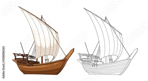 Arab Dhow Ship Coloring Page with Detailed Colored and Outline Variants Illustration