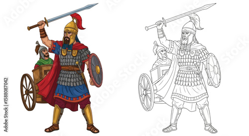 Assyrian Warrior Coloring Page with Detailed Colored and Outline Battle Uniforms