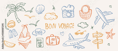 Hand drawn bon voyage elements. Summer vacation illustration