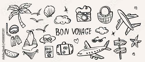 Hand drawn bon voyage elements. Summer vacation illustration