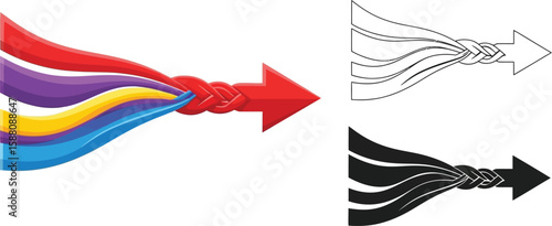 Colorful strands converge into a strong arrow, displaying unity, strength and teamwork.