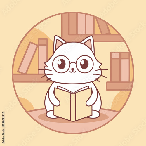 Cute cartoon vector art illustration of a kitten with a cup of coffee and a playful mouse