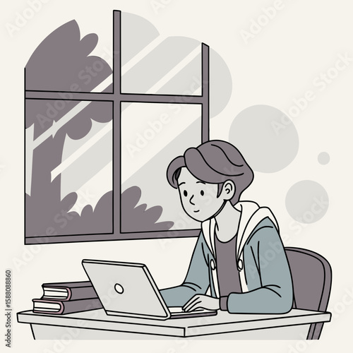 Businessman working on a laptop at his office desk, an illustration of a man typing on a computer