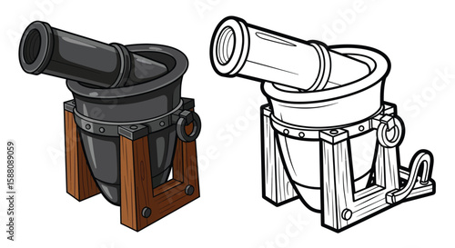 Cannoneer Mortar Weapon Coloring Page for Kids Dual Colored and Outline Artillery