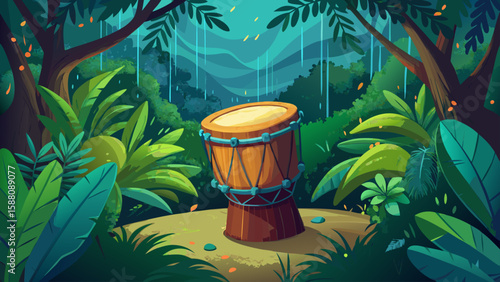 A classical drum sits in a rain-drenched jungle, surrounded by vibrant, green foliage and droplets.