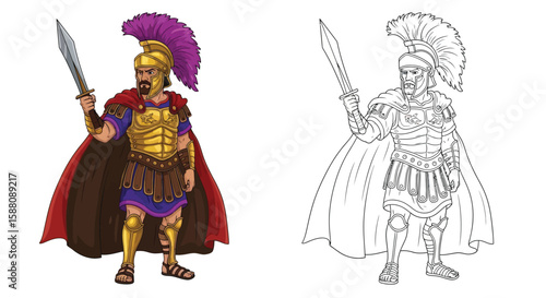 Carthaginian General Coloring Page with Detailed Colored and Outline Military Uniform
