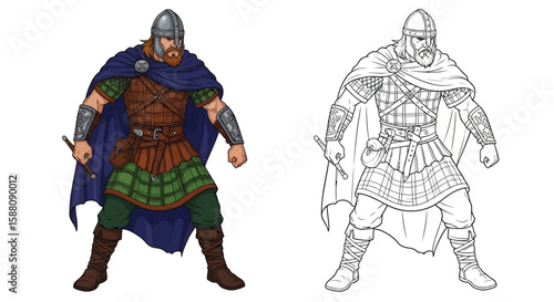 Celtic Warrior Coloring Page with Detailed Colored and Outline Historical Pose