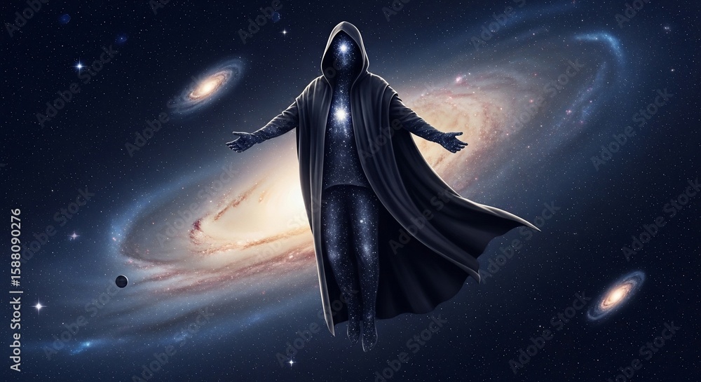 Naklejka premium Cosmic Being in Cloak with Galaxy Body and Open Arms in Space
