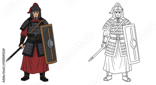 Chinese Han Dynasty Warrior Coloring Page for Kids Dual Colored and Outline Uniforms