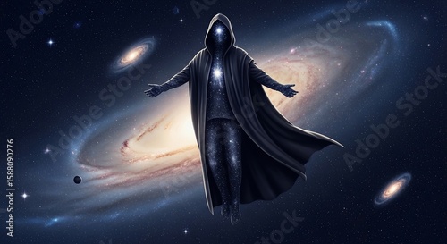 Cosmic Being in Cloak with Galaxy Body and Open Arms in Space