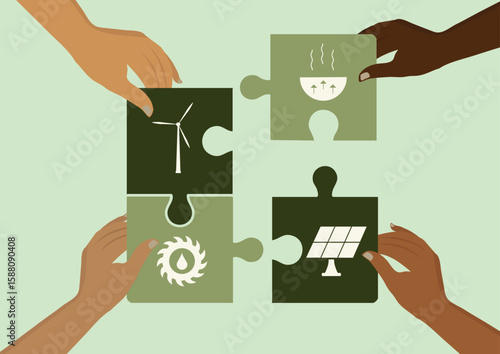 Diverse Hands Assembling Green Energy Puzzle. Puzzle pieces featuring wind, solar, geothermal and hydroelectric power symbols. Renewable energy concept. Flat style. Green energy. Vector illustration